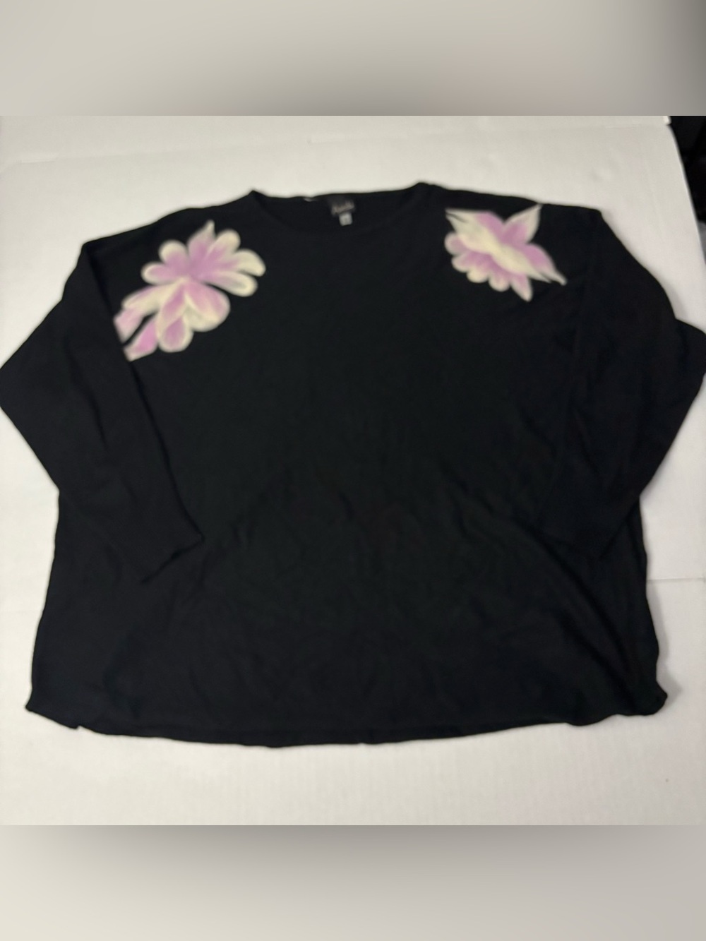 Aaeda Black Long-Sleeve sweater with Pink Floral Shoulder Accents sz 1X